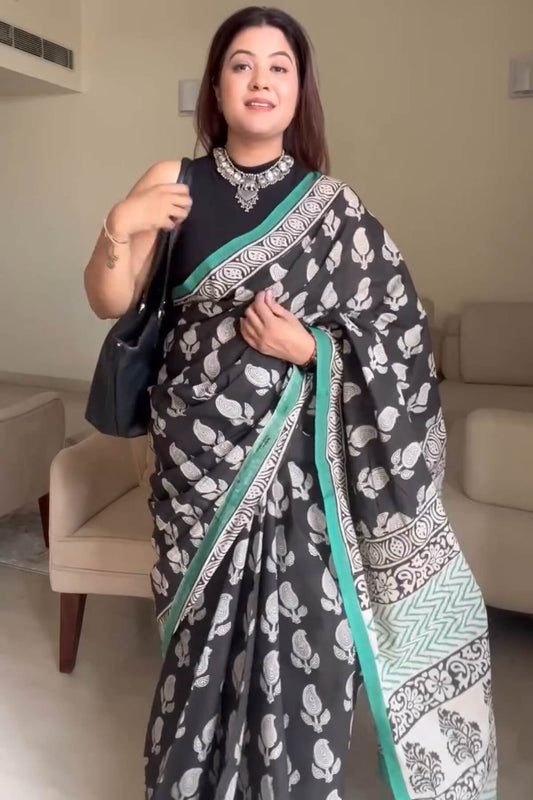 Opulent 1 Minute Ready To Wear Black Mul Cotton Digital Printed Saree