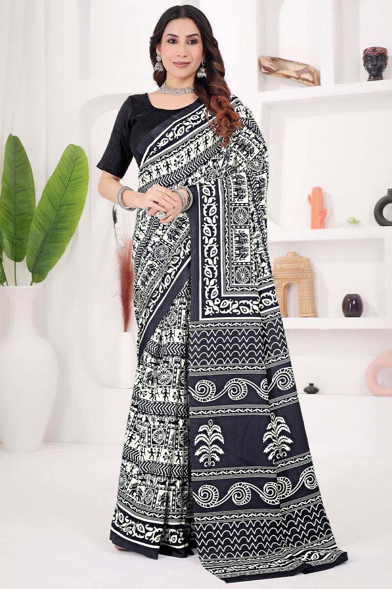 Classy Black 1 Minute Ready To Wear Digital Printed Crape Silk Saree