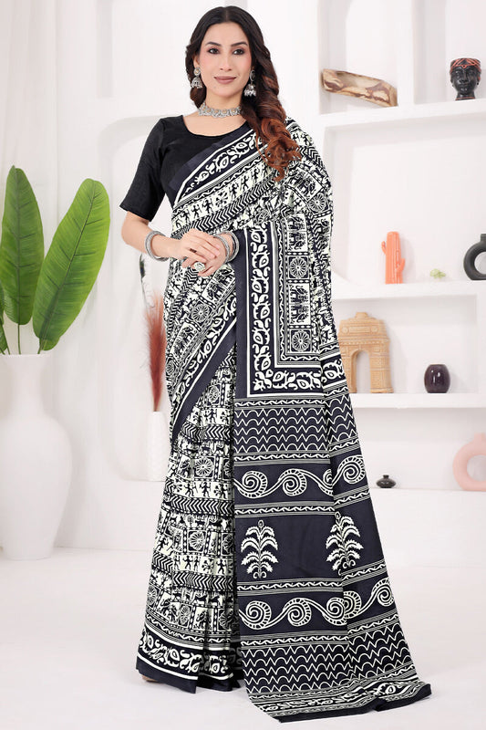 Classy Black 1 Minute Ready To Wear Digital Printed Crape Silk Saree