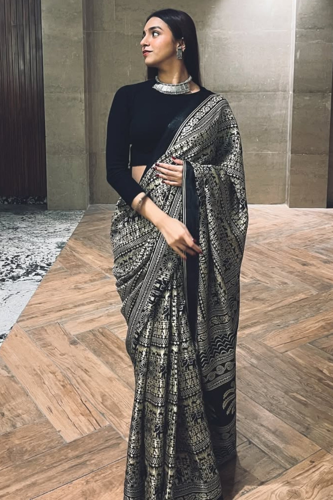 Adorning Black 1 Minute Ready To Wear Digital Printed Crape Silk Saree
