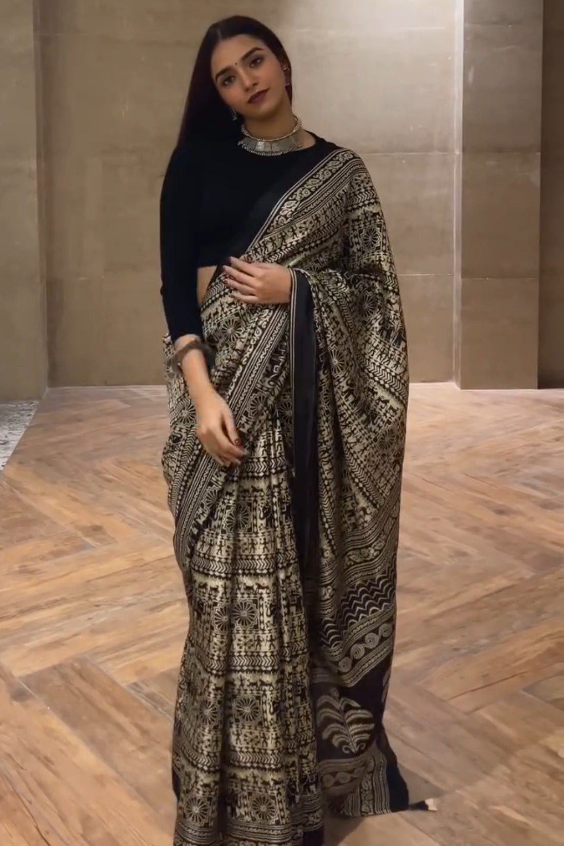 Adorning Black 1 Minute Ready To Wear Digital Printed Crape Silk Saree