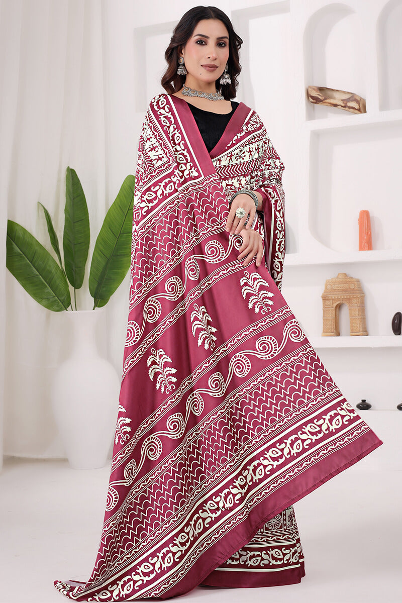 Twirling Maroon 1 Minute Ready To Wear Digital Printed Crape Silk Saree