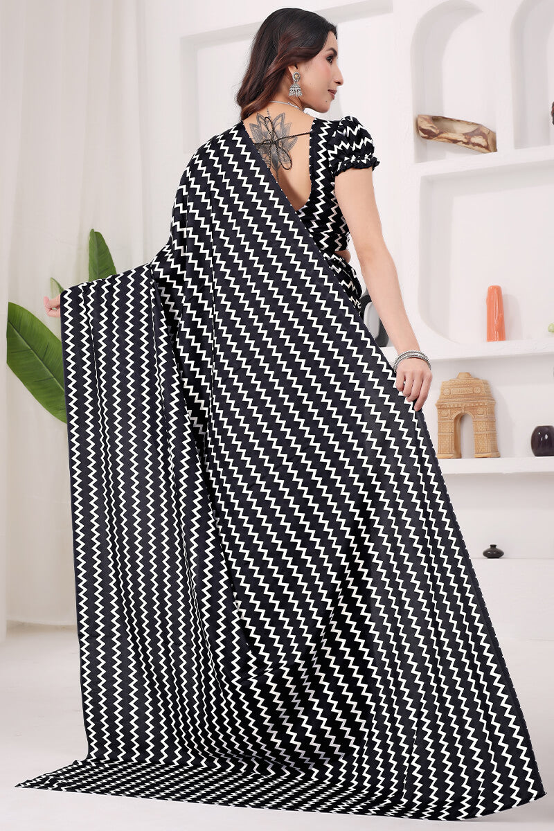 Pleasurable Black 1 Minute Ready To Wear Digital Printed Crape Silk Saree