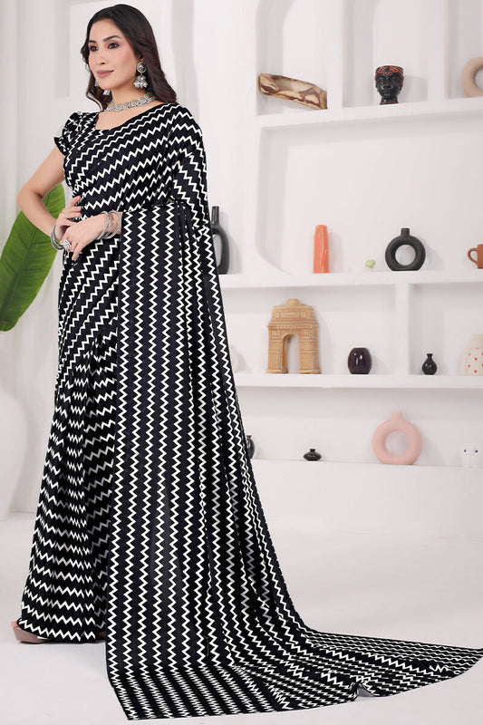 Pleasurable Black 1 Minute Ready To Wear Digital Printed Crape Silk Saree