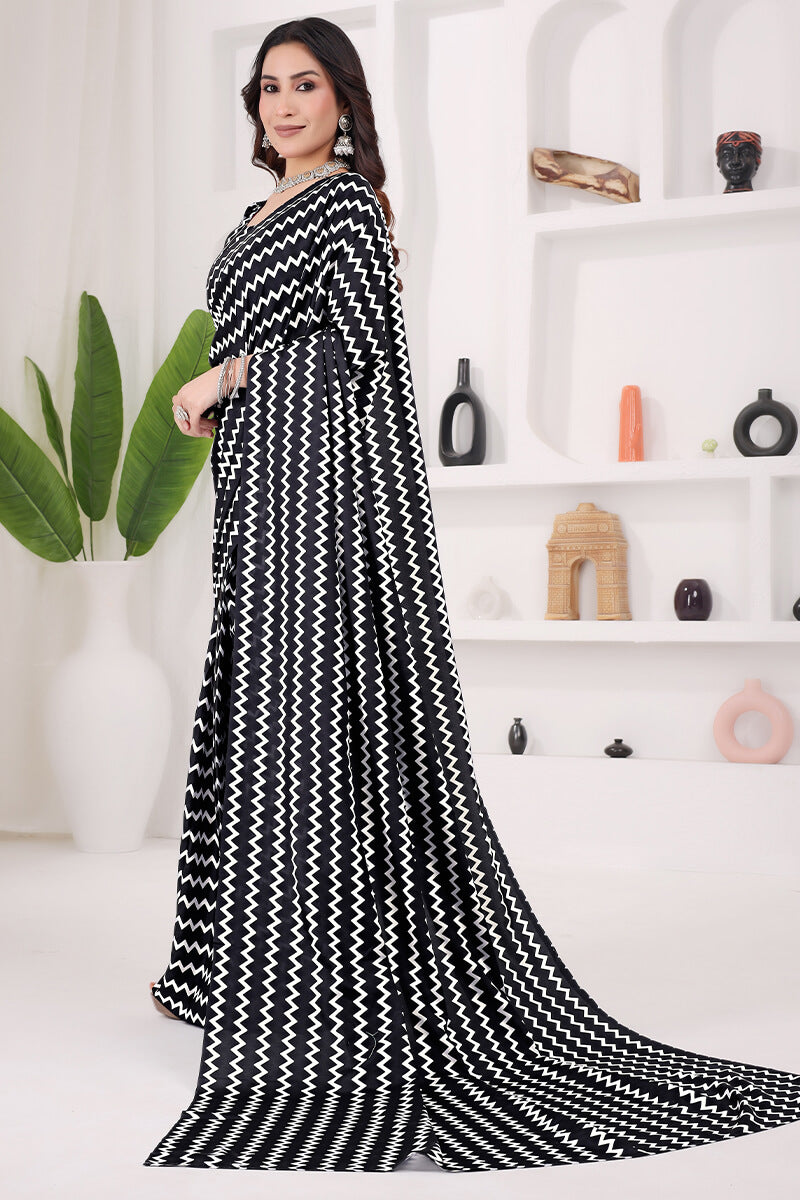 Pleasurable Black 1 Minute Ready To Wear Digital Printed Crape Silk Saree