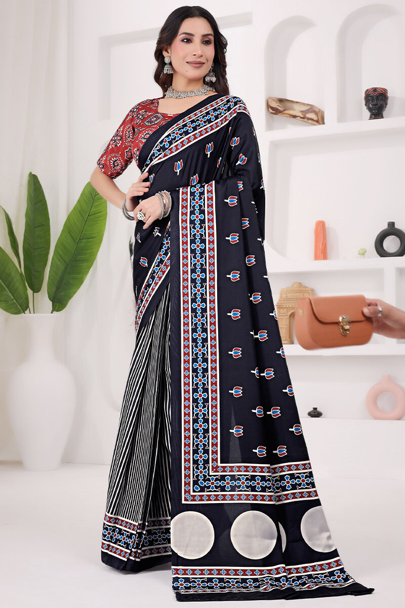 Outstanding Black 1 Minute Ready To Wear Digital Printed Crape Silk Saree
