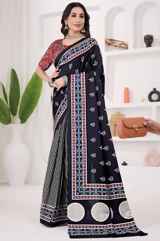 Outstanding Black 1 Minute Ready To Wear Digital Printed Crape Silk Saree