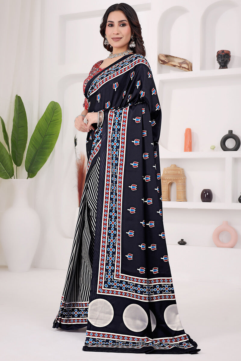 Outstanding Black 1 Minute Ready To Wear Digital Printed Crape Silk Saree