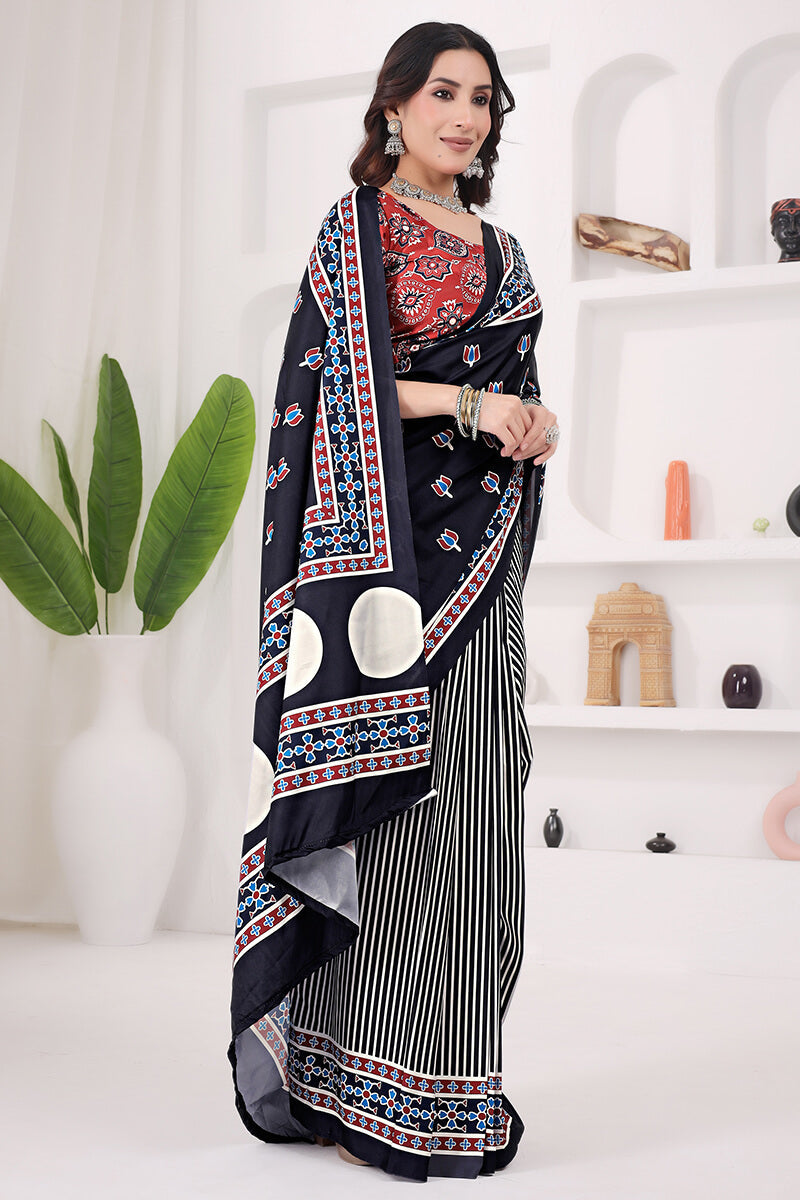 Outstanding Black 1 Minute Ready To Wear Digital Printed Crape Silk Saree