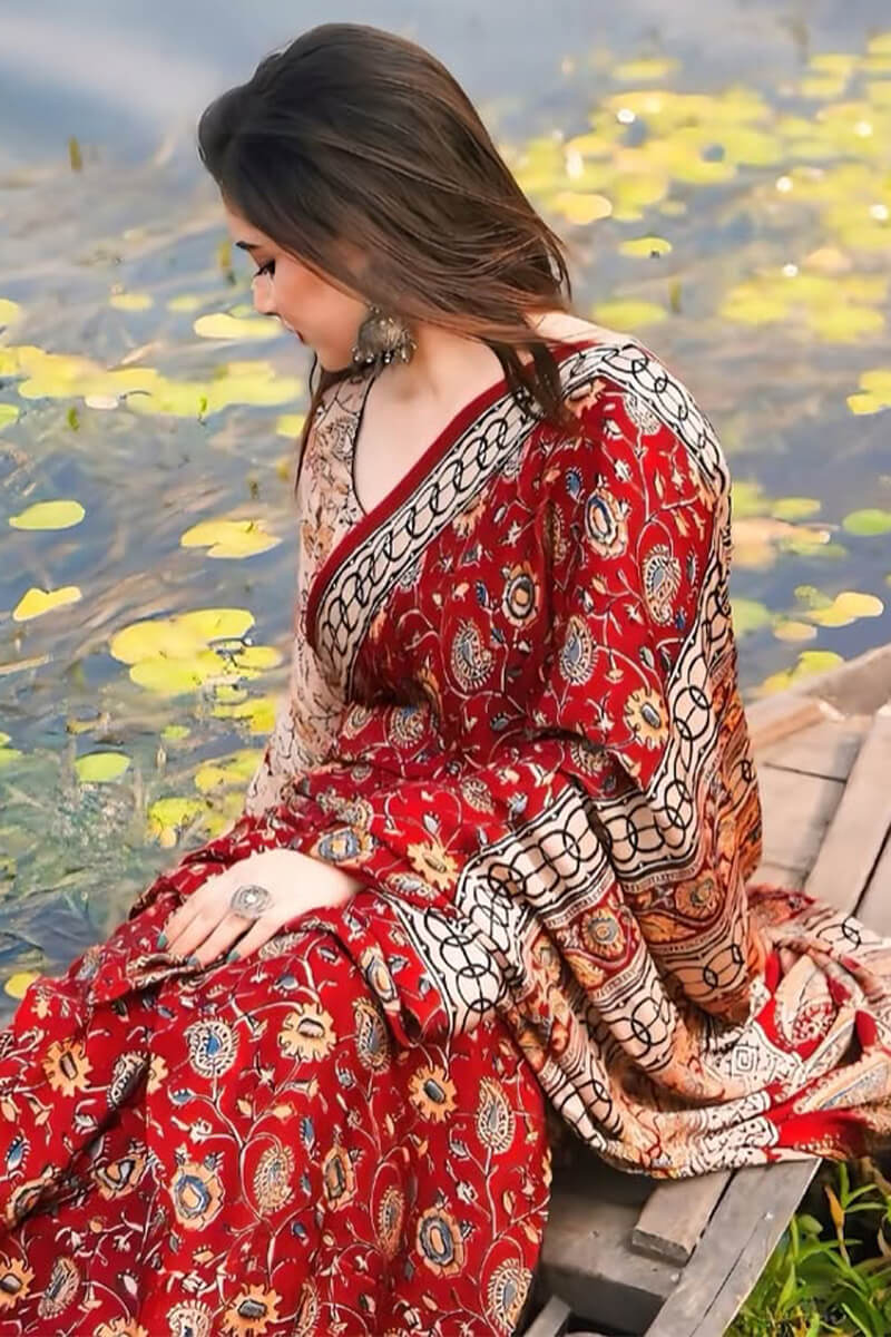 Moiety Red 1 Minute Ready To Wear Digital Printed Crape Silk Saree