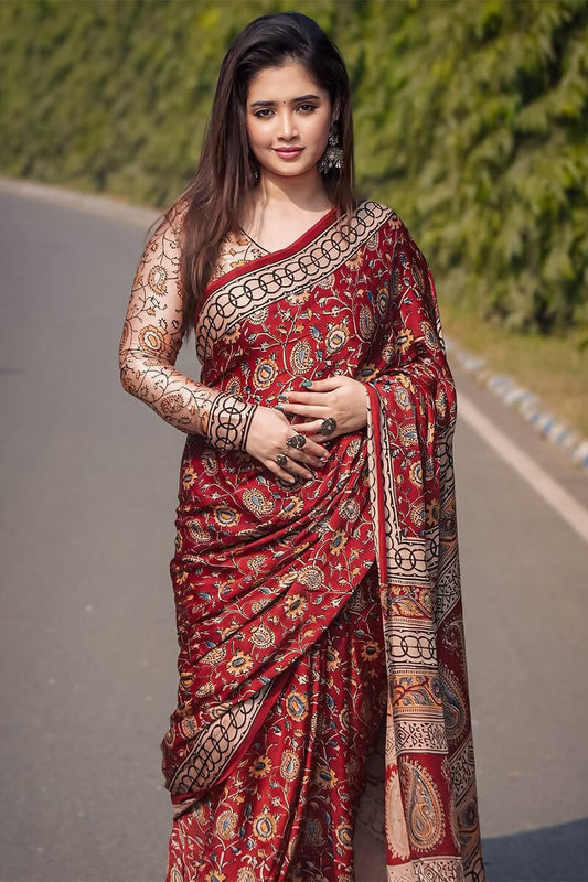 Moiety Red 1 Minute Ready To Wear Digital Printed Crape Silk Saree