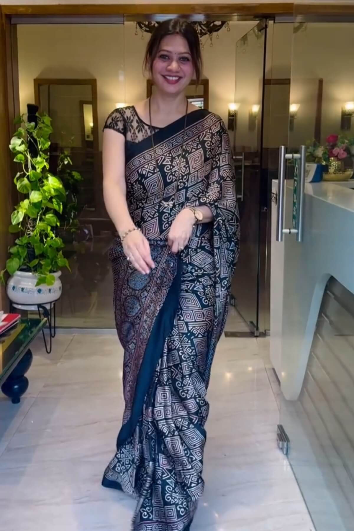 Charismatic Black 1 Minute Ready To Wear Digital Printed Crape Silk Saree