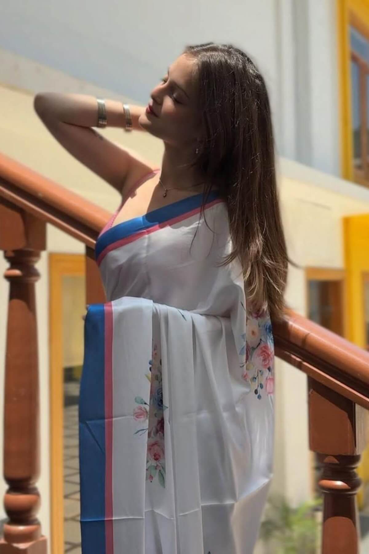 Impressive Off White 1 Minute Ready To Wear Digital Printed Crape Silk Saree