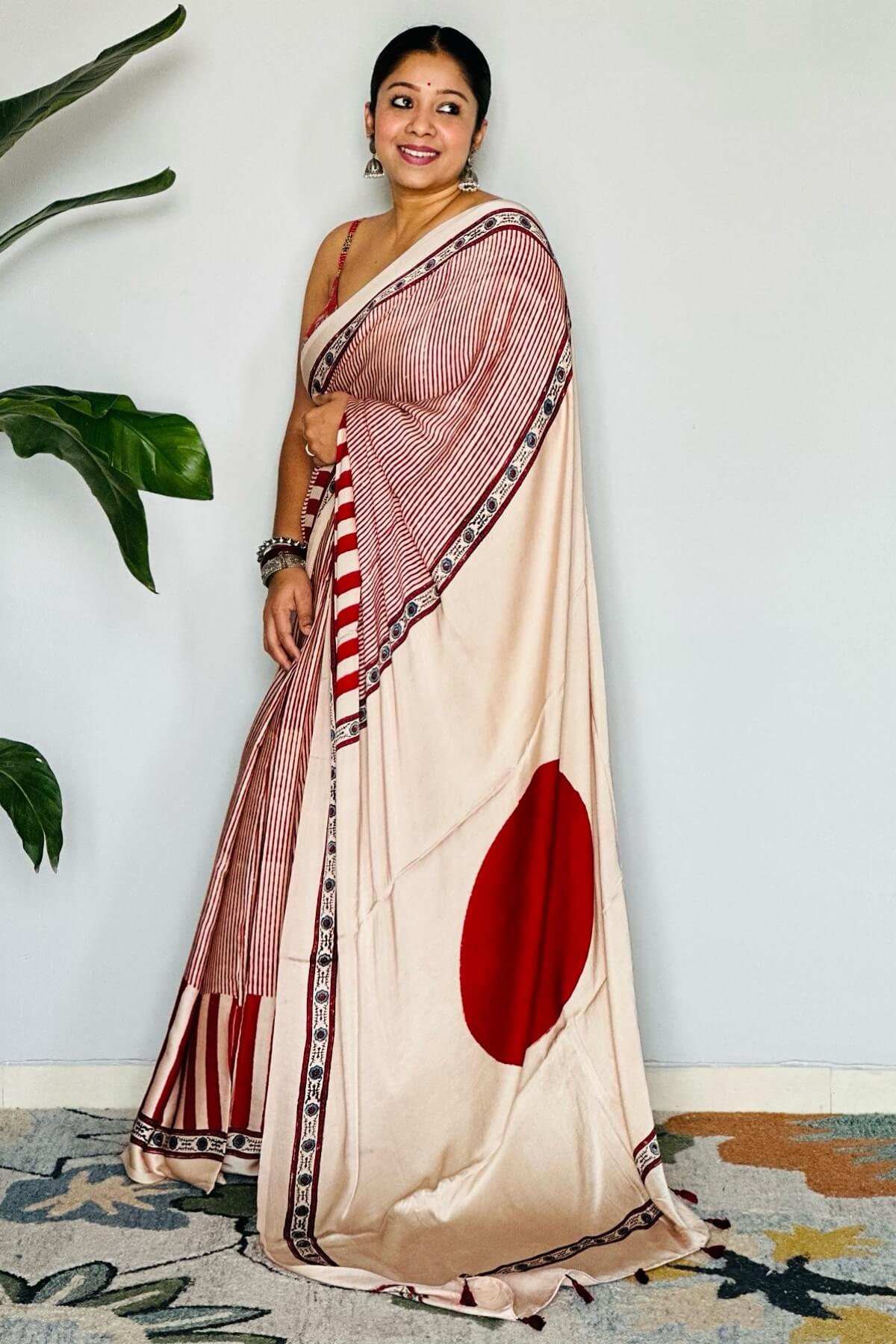 Mesmeric Beige And Maroon 1 Minute Ready To Wear Digital Printed Crape Silk Saree