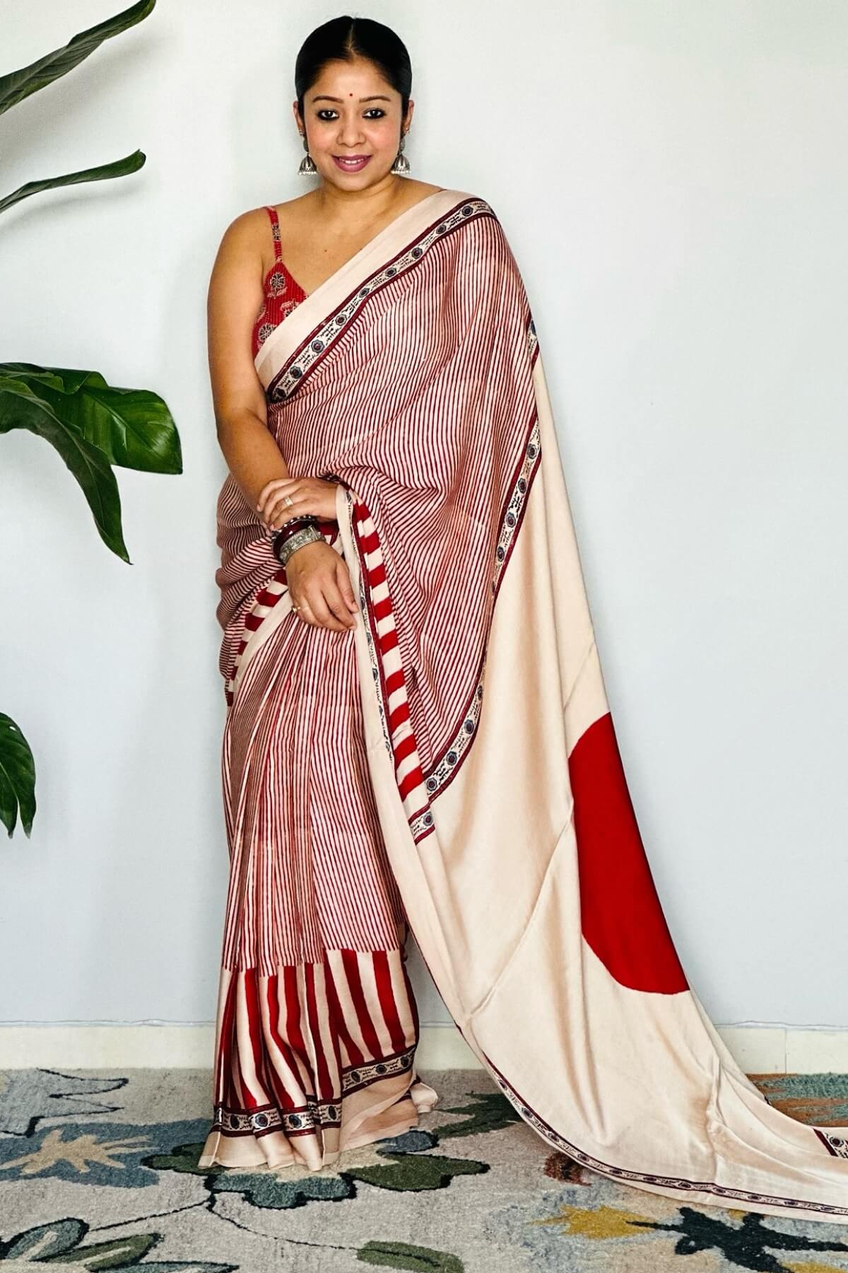 Mesmeric Beige And Maroon 1 Minute Ready To Wear Digital Printed Crape Silk Saree