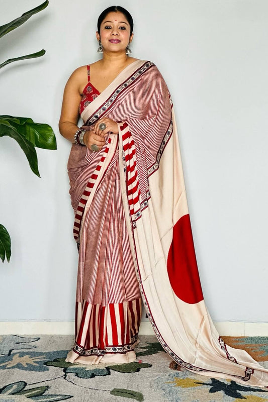 Mesmeric Beige And Maroon 1 Minute Ready To Wear Digital Printed Crape Silk Saree