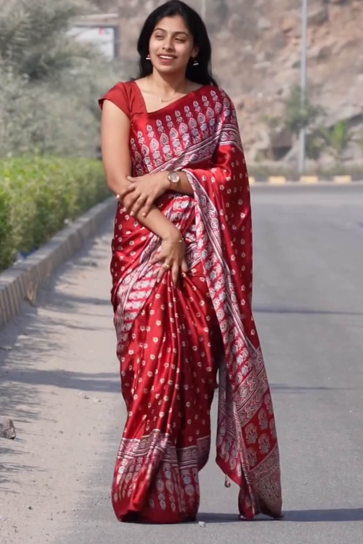 Bucolic Maroon 1 Minute Ready To Wear Digital Printed Crape Silk Saree