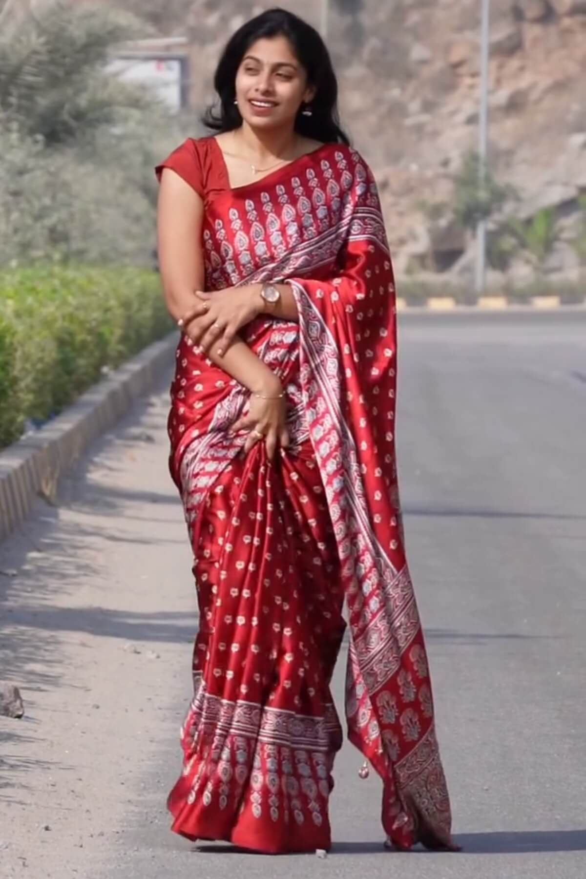 Bucolic Maroon 1 Minute Ready To Wear Digital Printed Crape Silk Saree