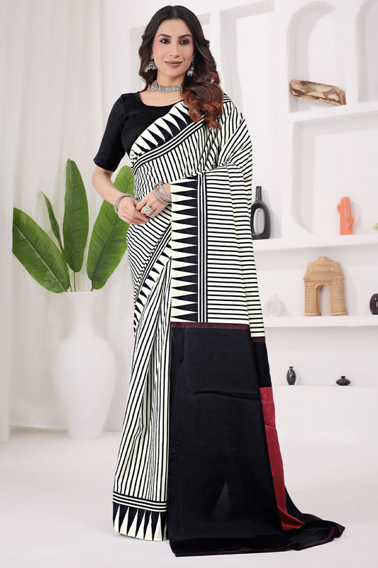 Scrumptious Off White 1 Minute Ready To Wear Digital Printed Crape Silk Saree