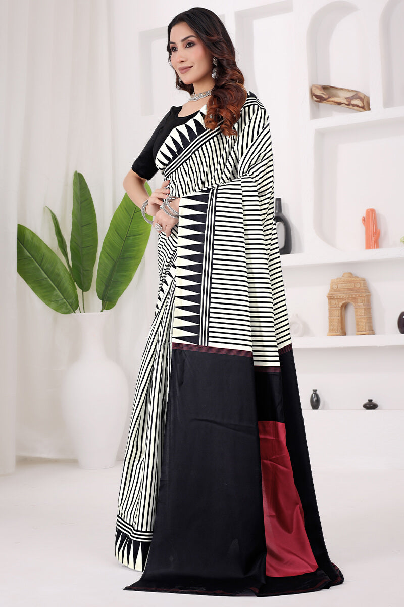 Scrumptious Off White 1 Minute Ready To Wear Digital Printed Crape Silk Saree