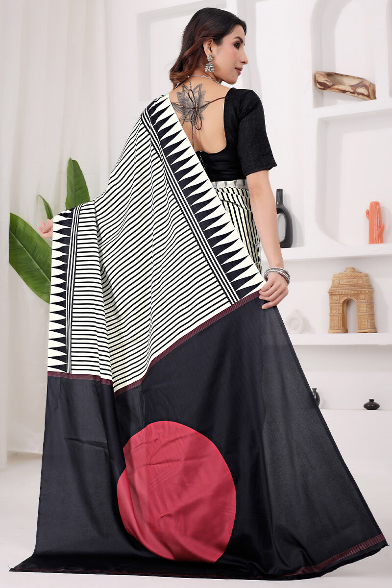 Scrumptious Off White 1 Minute Ready To Wear Digital Printed Crape Silk Saree