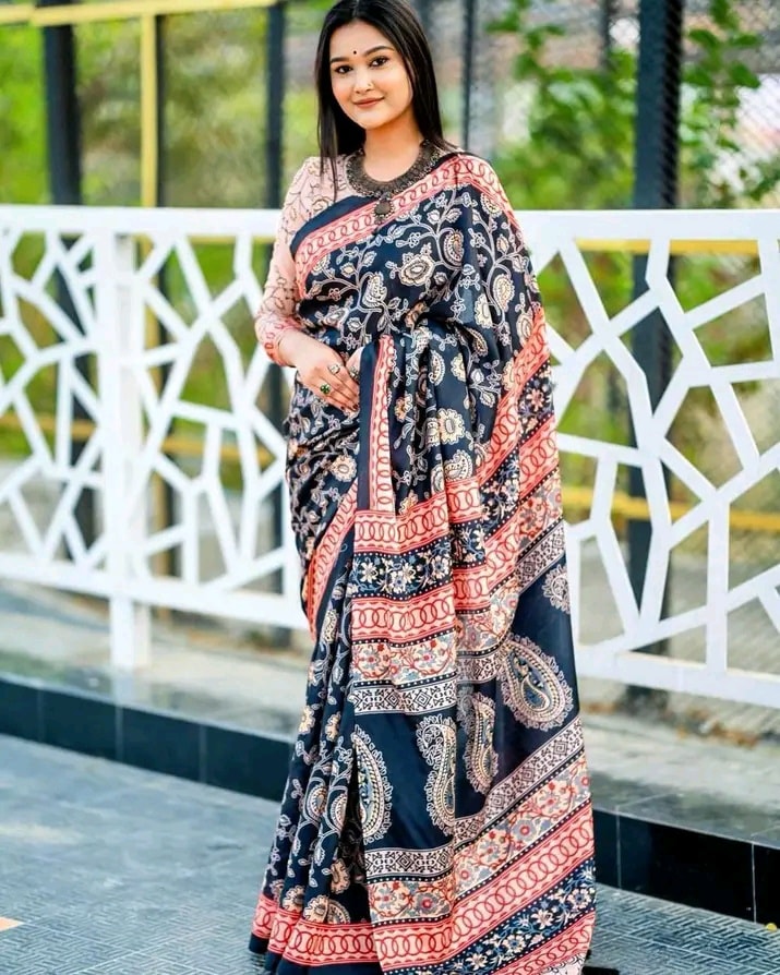 Bewitching Black 1 Minute Ready To Wear Digital Printed Crape Silk Saree