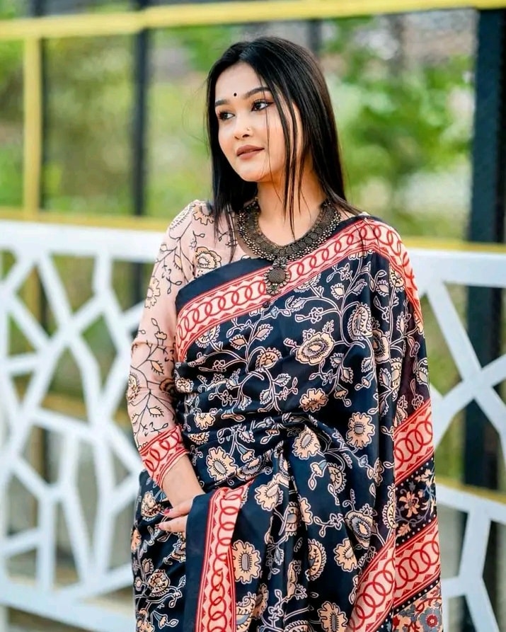 Bewitching Black 1 Minute Ready To Wear Digital Printed Crape Silk Saree