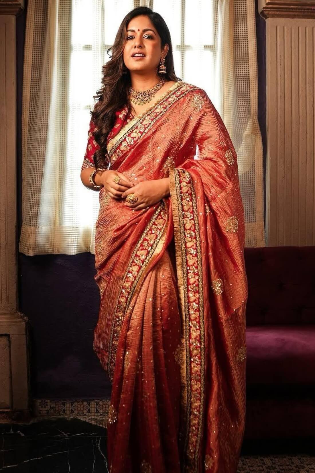 Prettiest Red Cursh Silk Saree With Mellifluous Blouse Piece