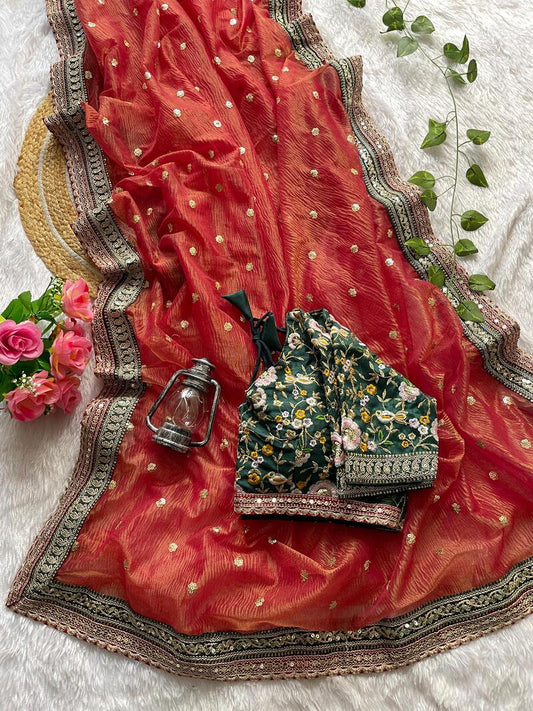 Chatoyant Red Cursh Silk Saree With Stunner Stitched Blouse