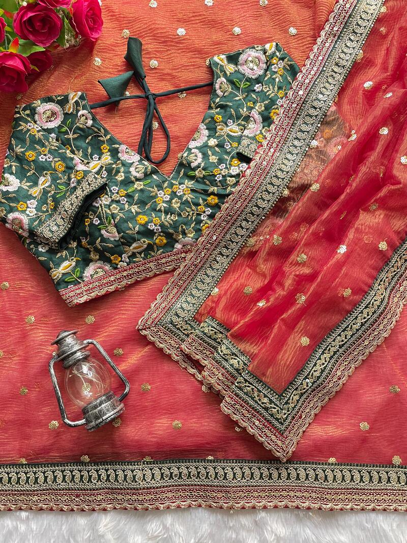 Chatoyant Red Cursh Silk Saree With Stunner Stitched Blouse