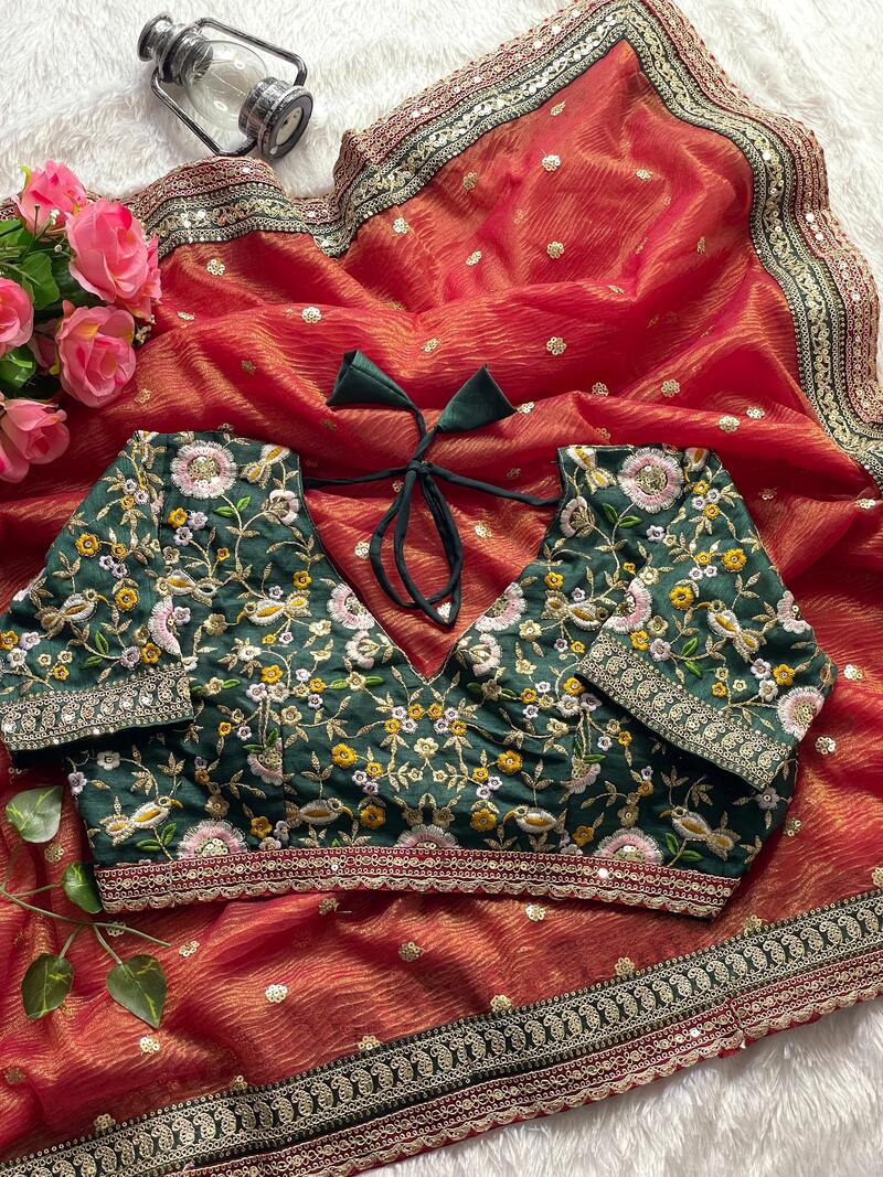 Chatoyant Red Cursh Silk Saree With Stunner Stitched Blouse