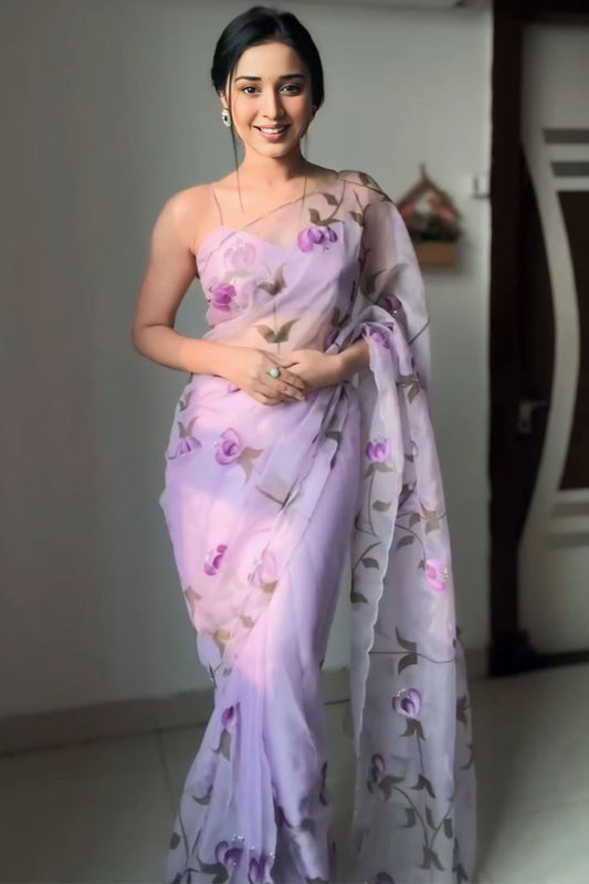 Exquisite 1-Minute Ready To Wear Lavender Organza Silk Saree