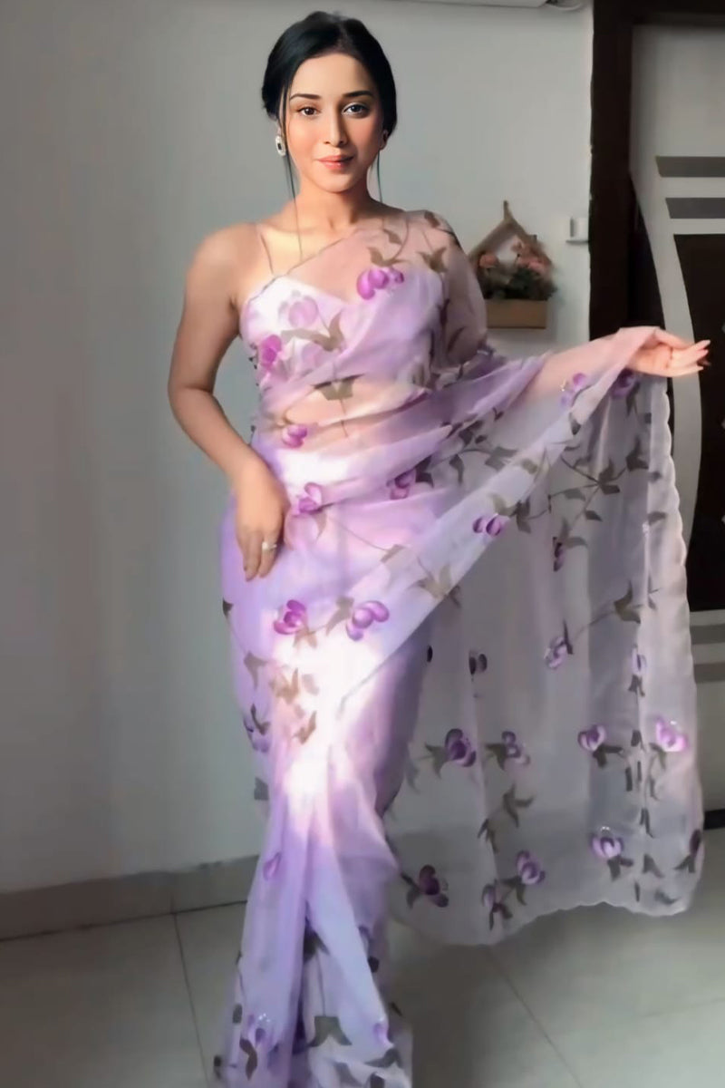 Exquisite 1-Minute Ready To Wear Lavender Organza Silk Saree