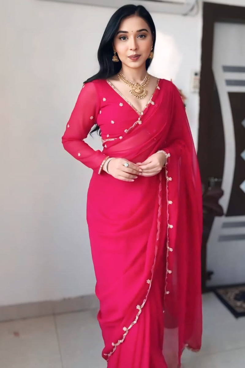 Luminous 1-Minute Ready To Wear Dark Pink Georgette Saree