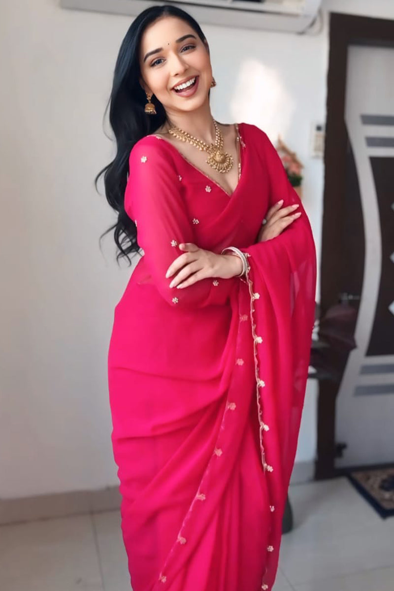 Luminous 1-Minute Ready To Wear Dark Pink Georgette Saree