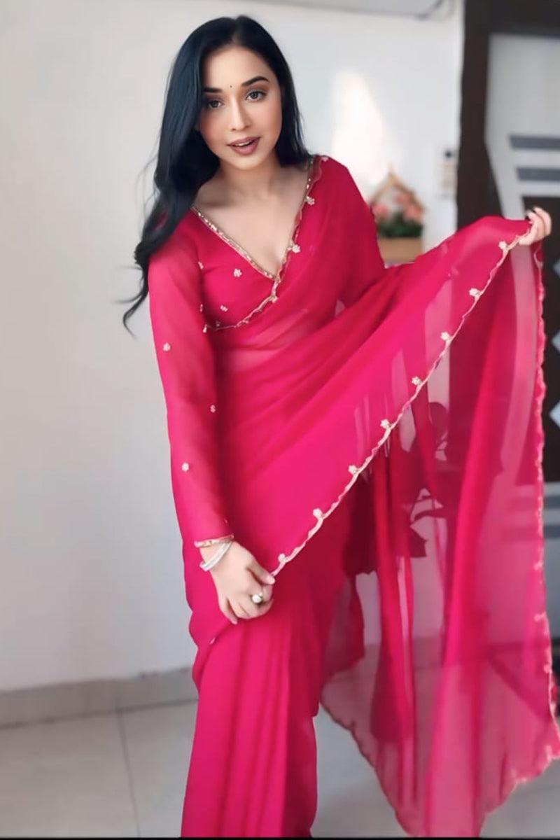 Luminous 1-Minute Ready To Wear Dark Pink Georgette Saree