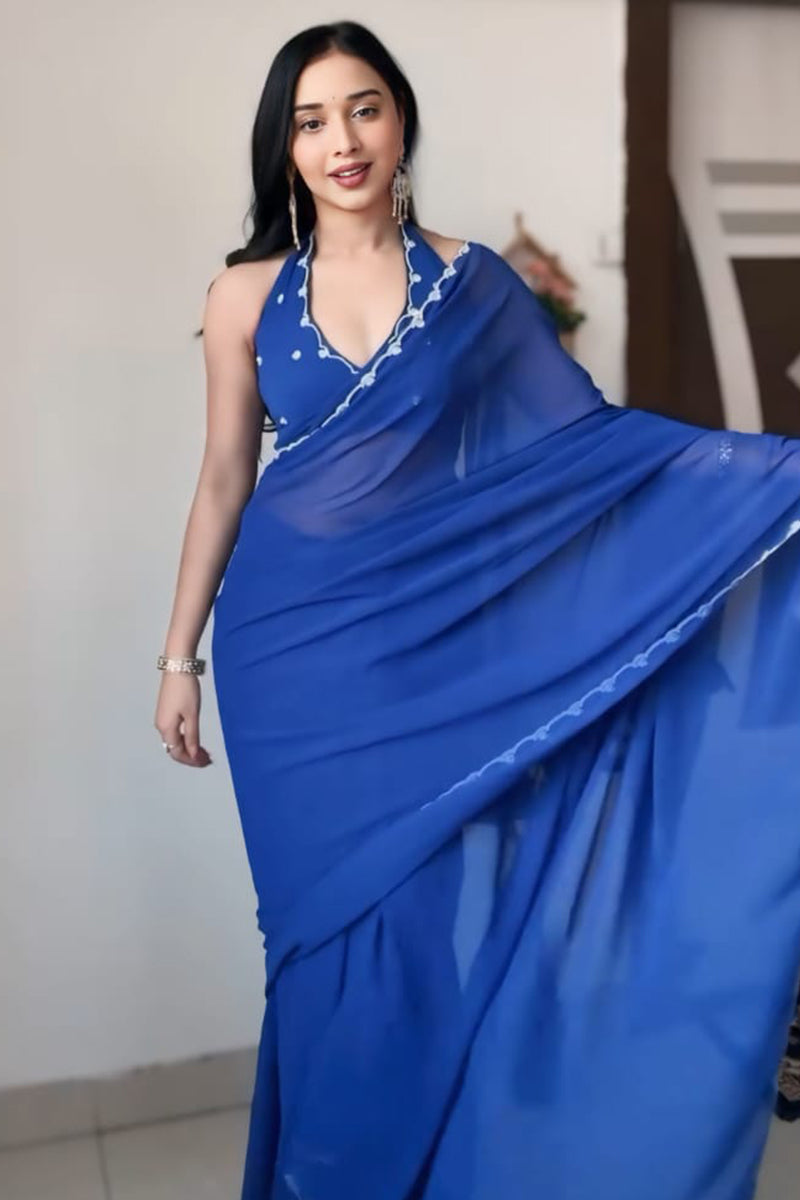 Seraphic 1-Minute Ready To Wear Royal Blue Georgette Saree