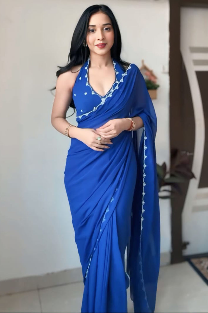 Seraphic 1-Minute Ready To Wear Royal Blue Georgette Saree