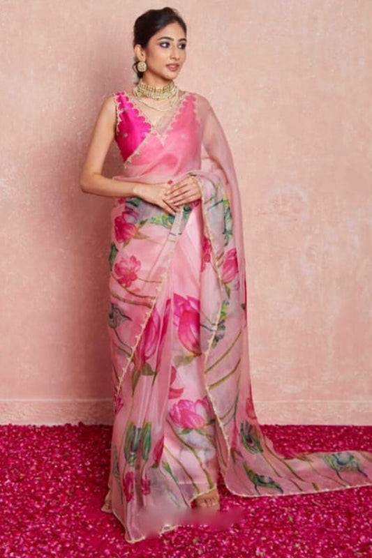 Refreshing 1-Minute Ready To Wear Baby Pink Organza Silk Saree