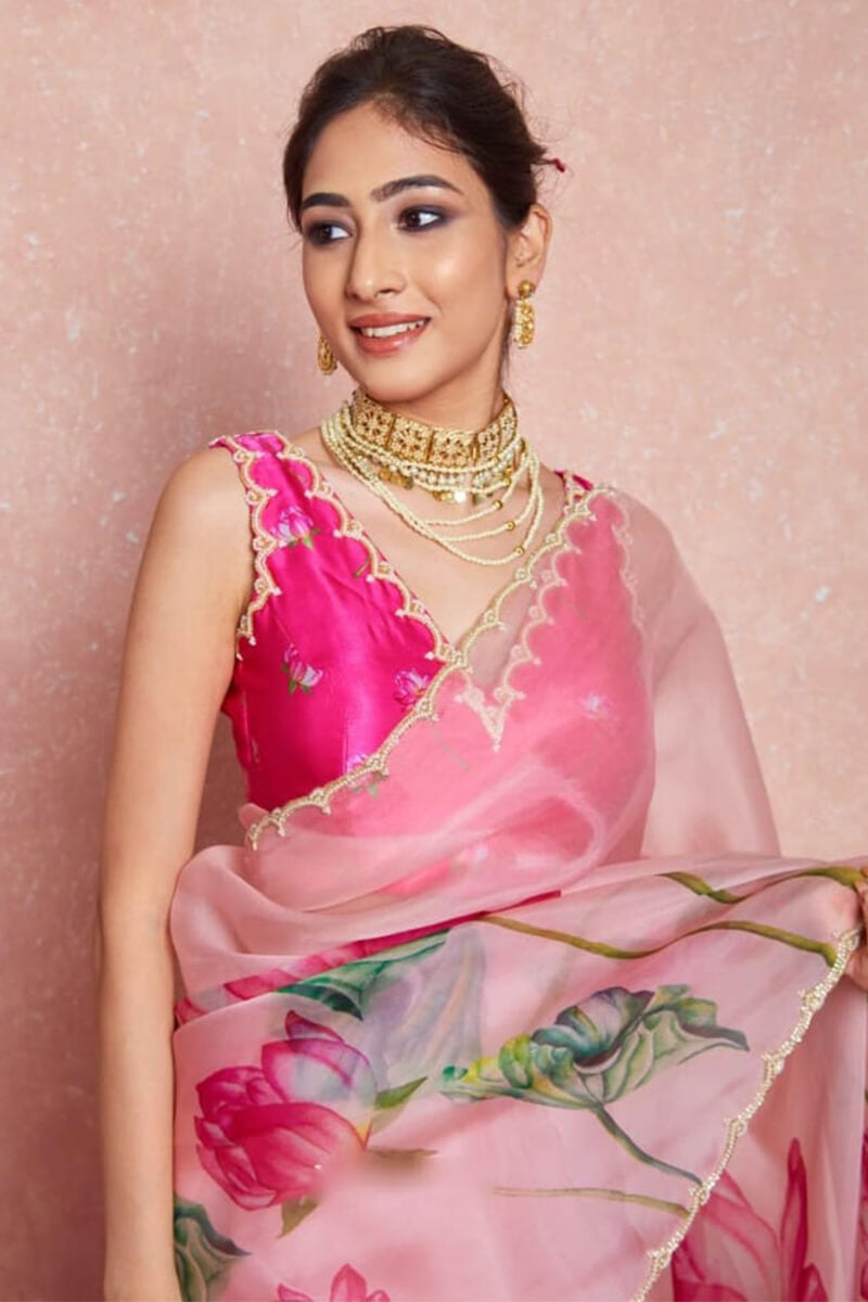 Refreshing 1-Minute Ready To Wear Baby Pink Organza Silk Saree