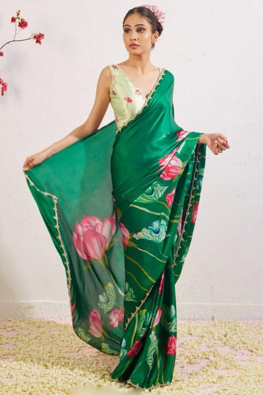 Capricious 1-Minute Ready To Wear Dark Green Satin Silk Saree