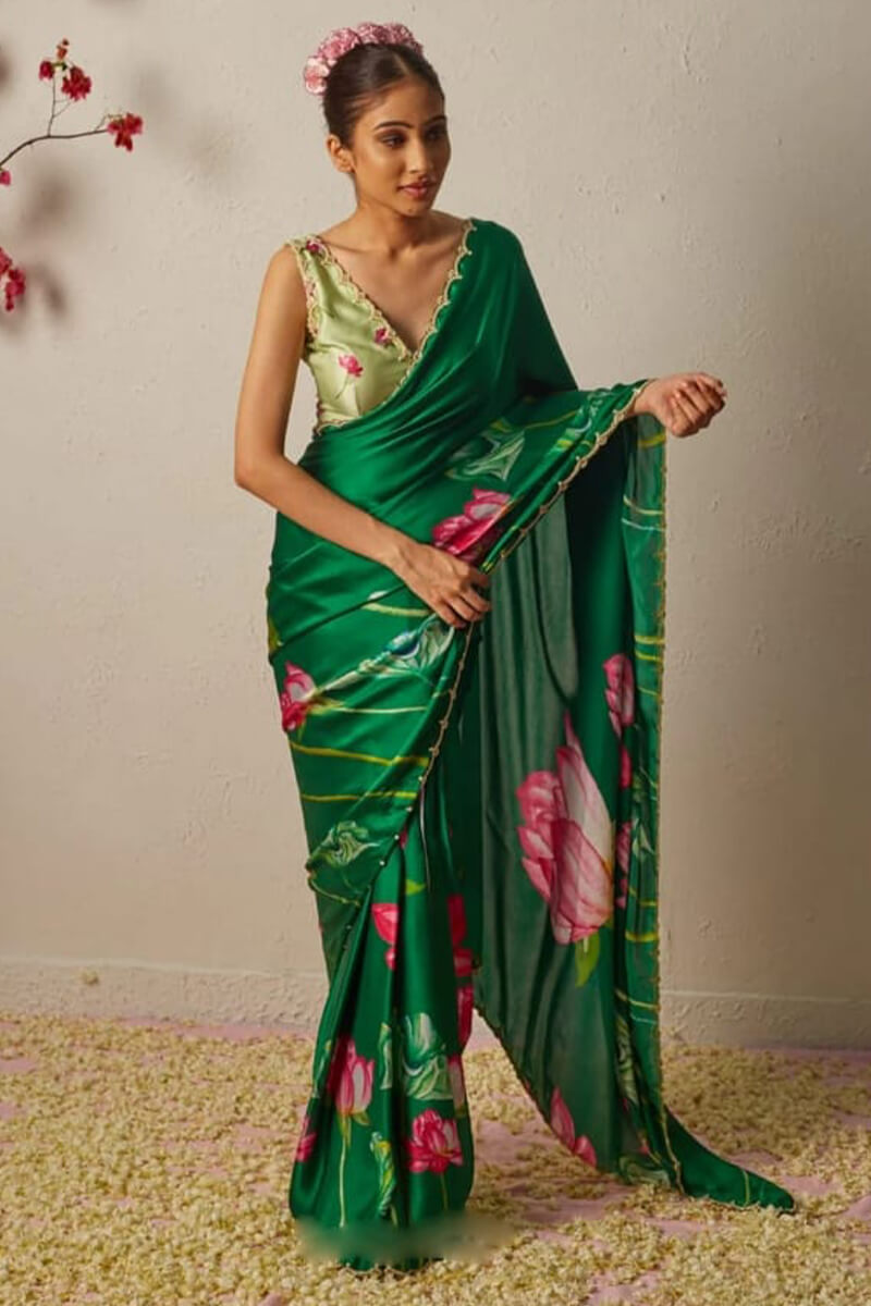 Capricious 1-Minute Ready To Wear Dark Green Satin Silk Saree