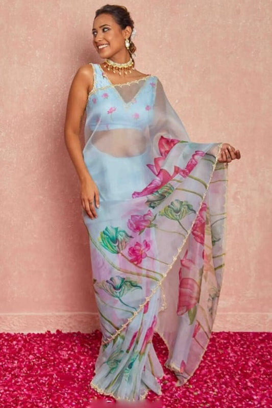 Opulent 1-Minute Ready To Wear Sky Organza Silk Saree