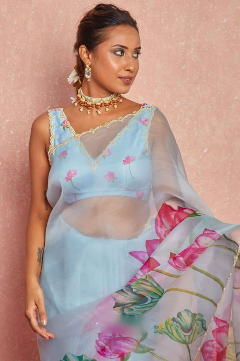 Opulent 1-Minute Ready To Wear Sky Organza Silk Saree