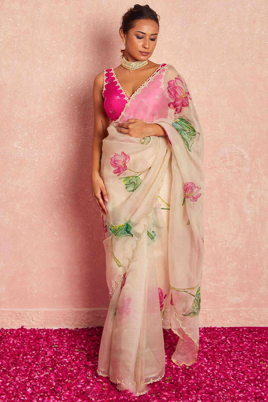 Mesmerising 1-Minute Ready To Wear Beige Organza Silk Saree