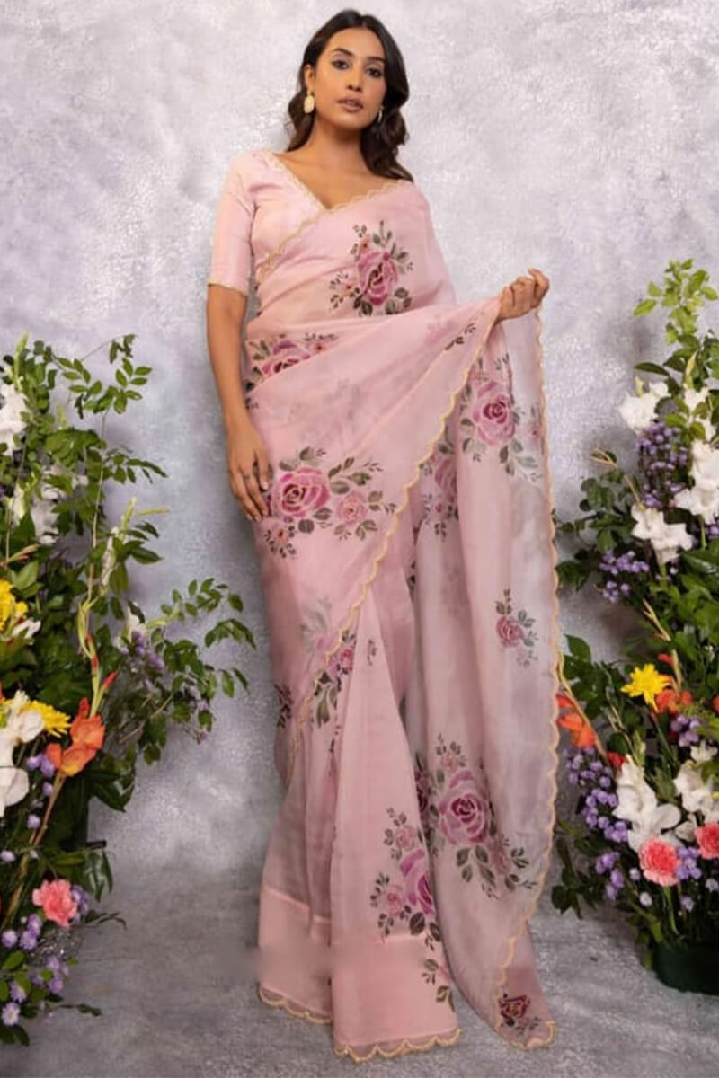 Precious 1-Minute Ready To Wear Baby Pink Organza Silk Saree
