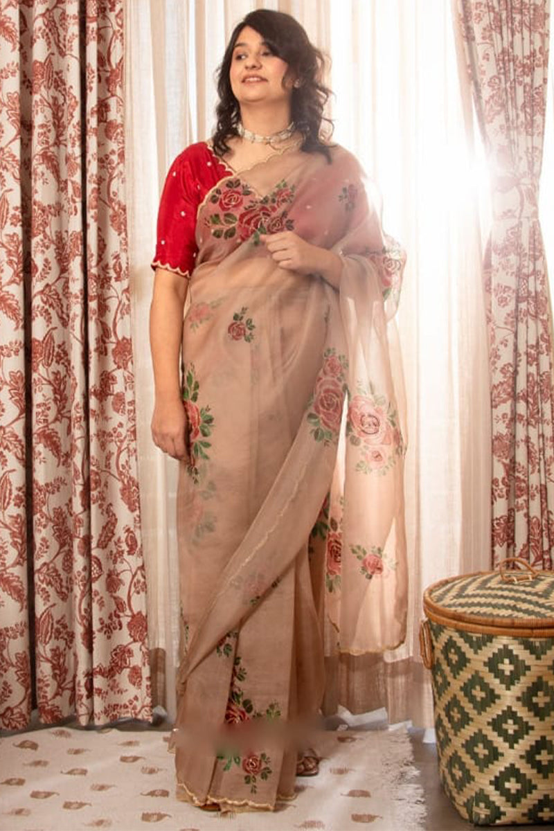 Majesty 1-Minute Ready To Wear Brown Organza Silk Saree