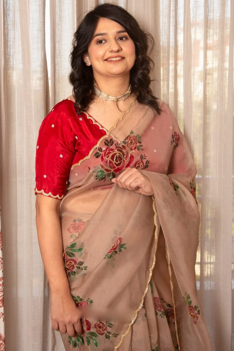 Majesty 1-Minute Ready To Wear Brown Organza Silk Saree