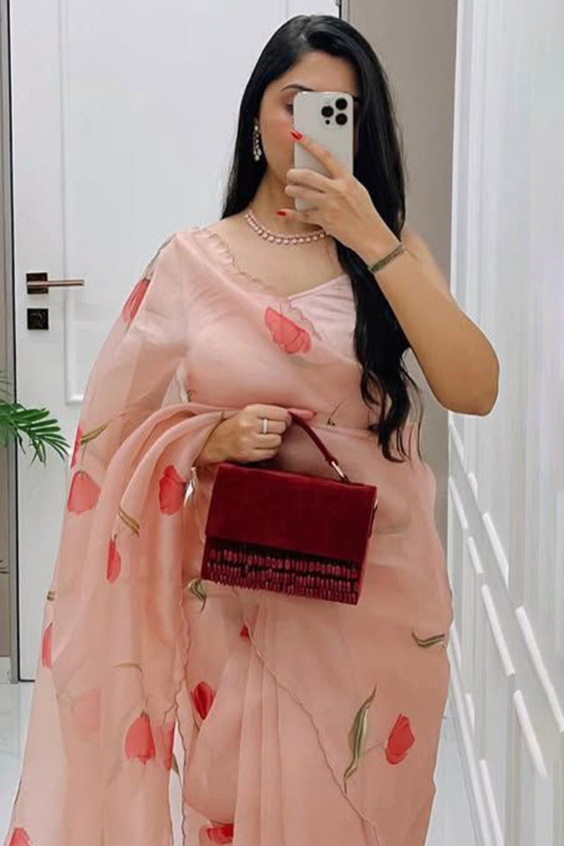Charming 1-Minute Ready To Wear Peach Organza Silk Saree