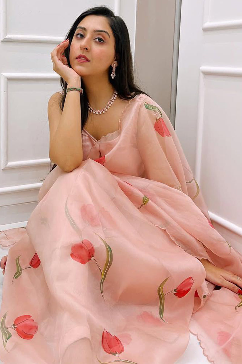Charming 1-Minute Ready To Wear Peach Organza Silk Saree